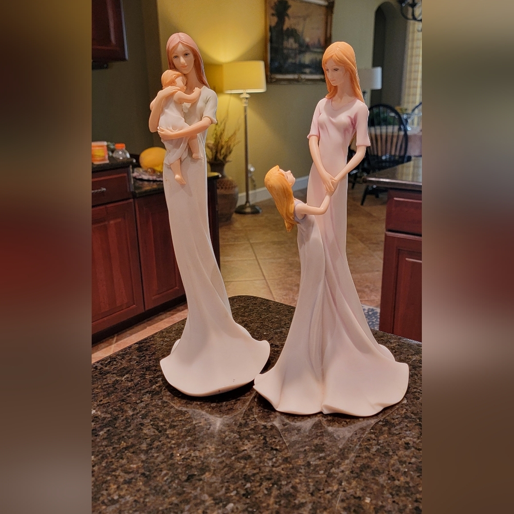 MODERN ART SCULPTURE Handmade Ceramic Underglazed Color Mother Daughter Statue